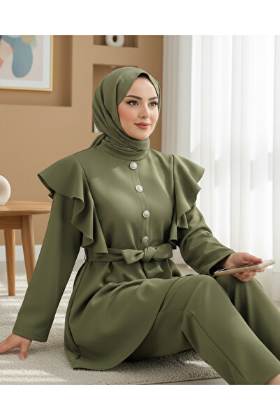 Modamorfo Button Detailed Mock Neck Scuba Suit with Ruffles on the Shoulders - Khaki