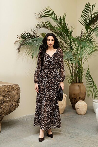 Serica Moda Leopard Patterned Elastic Waist Long Chiffon Dress