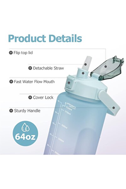 Generic Motivational Water Bottles With Time Marker, 2L,750ml,300ml Sport Water Bottle with Straw,BPA Free