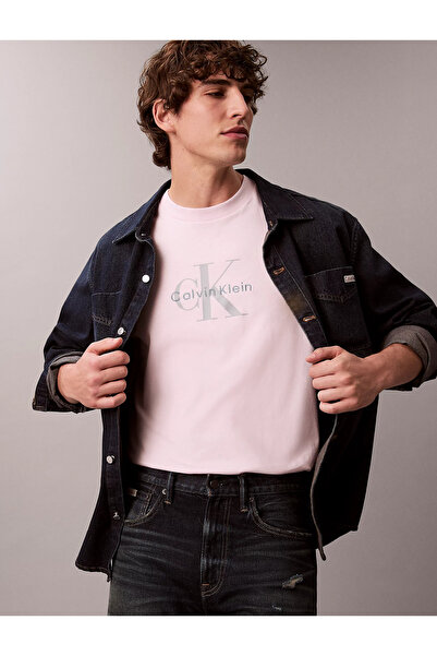 Calvin Klein Men's Regular Fit Round Neck Ck Logo Printed Cotton Short Sleeve Pink T-Shirt Lv04Rb862G-Tn9