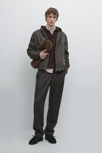 Massimo Dutti Çift kumaş kapüşonlu yün karışımlı ceket