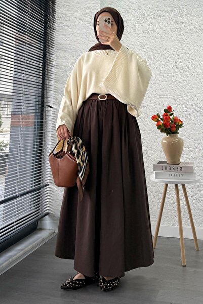 MELEK ARAZ Ribbed Detailed Pocketed Poplin Skirt – Brown