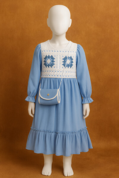 blueberry's Blue 670-11-25 Mesh Detailed Belted Ruffled Girl's Dress 5/8 Year...