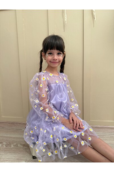 penu baby kids Lila Baskı Papatyalı Uzun Tül Kollu Fırfırlı Kız Çocuk Kız Beb...