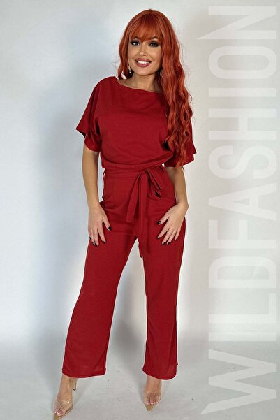 WildFashion Casual/elegant short-sleeved jumpsuit made of lightweight material, burgundy X19RR-81