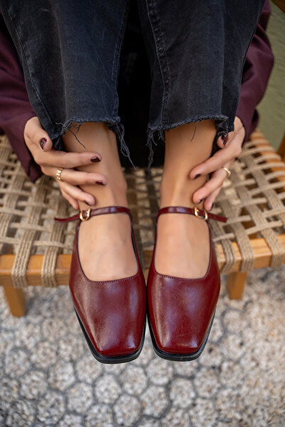 LAMİNTA Flue Burgundy Women's Leather Buckle Flat Ballet Flats