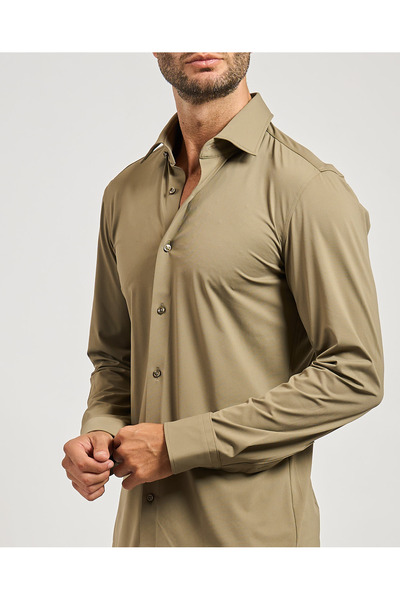 BOSS Men's Brand Logo Buttoned Shirt Collar Long Sleeve Khaki Shirt 50490393-245