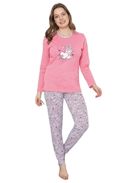 pamuklu Women's Pajama Set, 2 pcs, Long Sleeve Top & Pants, Pretty Rabbit Print, Red, XL