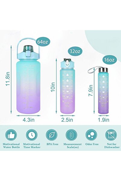 Generic Motivational Water Bottles With Time Marker, 2L,750ml,300ml Sport Water Bottle with Straw,BPA Free