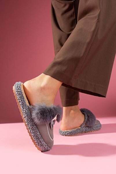 FUGA MODA Lufina Gray Bowknot Fur Collar Silent Sole House Slippers with Saddle Detail