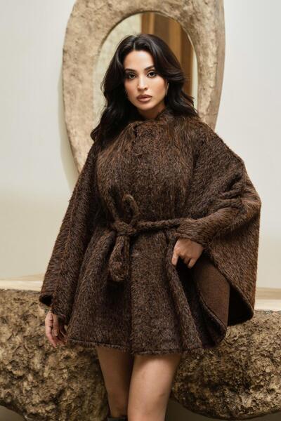 Serica Moda Brown Single Button Belted Faux Fur Oversized Poncho