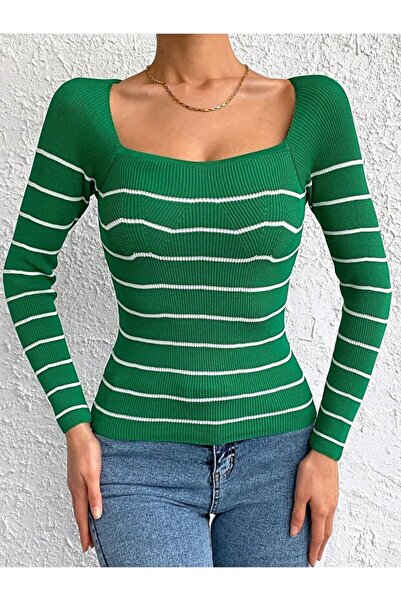 MODAMERSİ Women's Green-White Striped Heart Neck Corded Fabric Knitwear Sweater