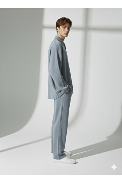 ribana Unisex Wrinkled Fabric Polo Collar Zippered Pocket Elastic Waist Top and Bottom Set