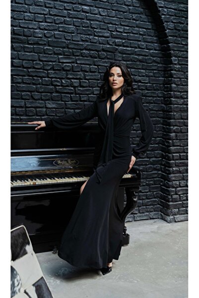 Serica Moda Siyah Şal Yaka Önü Tokalı Uzun Elbise