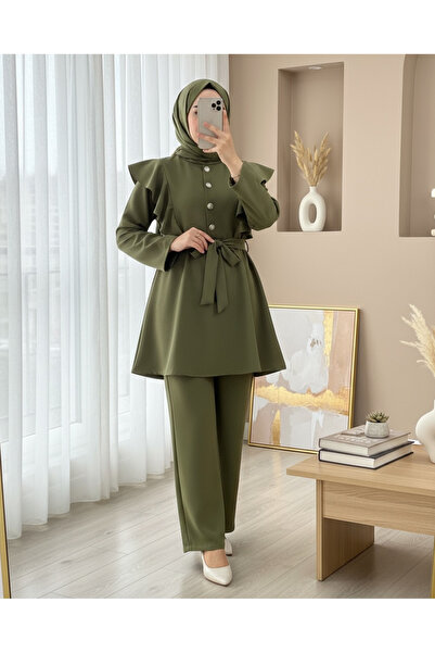 Modamorfo Button Detailed Mock Neck Scuba Suit with Ruffles on the Shoulders - Khaki