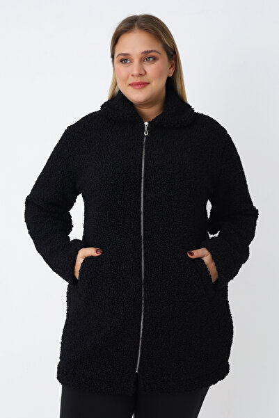 İntensive Women's Plus Size Black Zipper Pocket Soft Teddy Plush Long Sleeve Cardigan