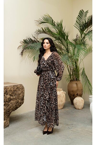 Serica Moda Leopard Patterned Elastic Waist Long Chiffon Dress