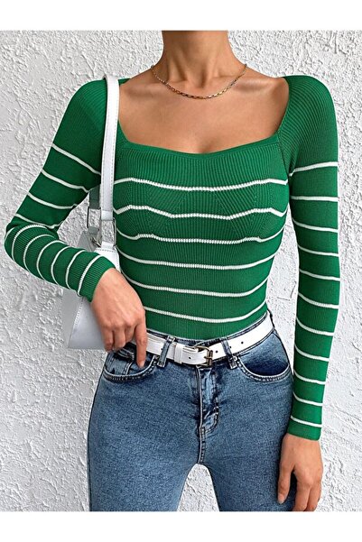 MODAMERSİ Women's Green-White Striped Heart Neck Corded Fabric Knitwear Sweater
