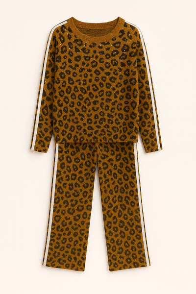 My Kids Wear Girl's Stone Detailed Wide Leg Knitwear Two-Piece Set – Side Striped 3-10 Years Old 12296