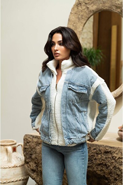 Serica Moda Blue Jean Paneled Plush Jacket Coat