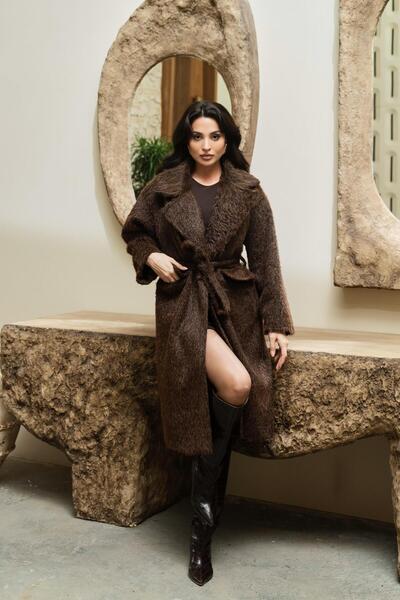 Serica Moda Brown Belted Midi Length Faux Fur Oversized Coat