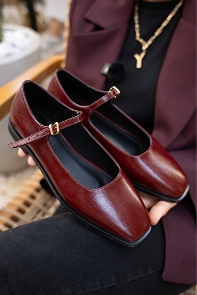 LAMİNTA Flue Burgundy Women's Leather Buckle Flat Ballet Flats