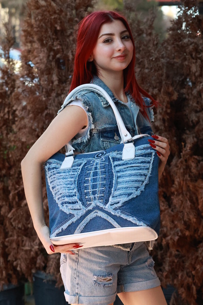 StarBlueMooN Denim Shoulder Bag Leather Handle Embroidery Design with Inner Pocket and Lining