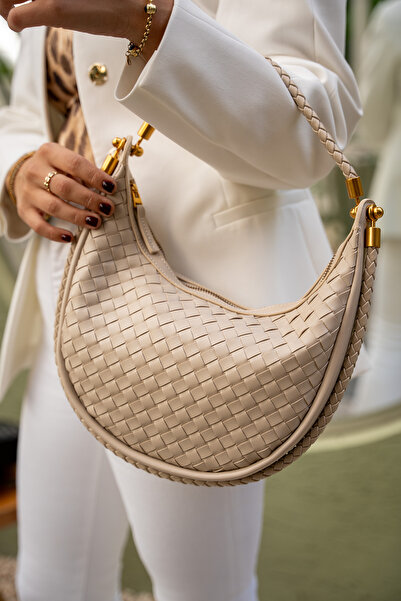 LAMİNTA Dante Beige Leather Women's Knitted Detailed Shoulder Bag