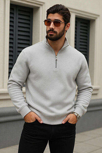 DAMGA JEANS Hanorac cu fermoar gri pentru bărbați, Trend Winter