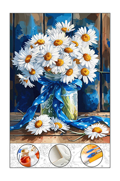 abbara Sayılarla Boyama Hobi Seti Çerçeveli Tuval Fırça Boya Dahil Kasnaklı 40x50 Cm Neşeli Papatyalar