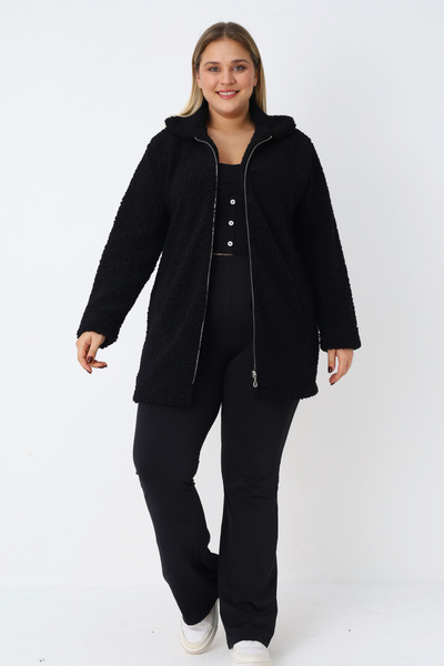 İntensive Women's Plus Size Black Zipper Pocket Soft Teddy Plush Long Sleeve Cardigan