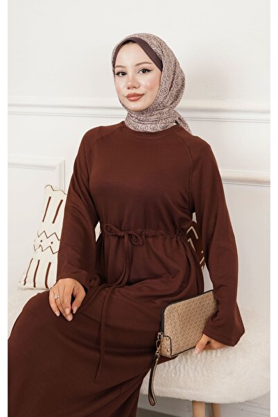 Serra Women's Brown Color Waist Tie Detailed Pocketed Hijab Dress
