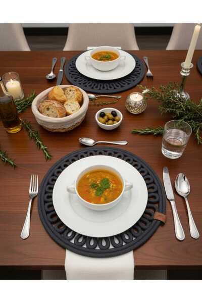 MTG JÜT TASARIM Füme Yuvarlak Model Desenli Jüt Amerikan Servis (Supla) – 6 Adet