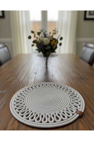 MTG JÜT TASARIM Light Gray Round Patterned Jute American Serving Plate (Supla) – 6 Pieces