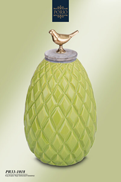 Porio Kuş Kulplu 17*33 cm Yeşil Dekoratif Seramik Kavanoz PR33-1018