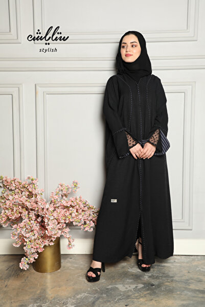 Stylish عباية لنن سوداء بدانتيل على الأكمام