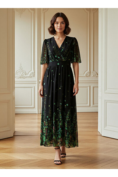 FAV فستان ميدي بطبعة زهور مع رقبة على شكل حرف V وأكمام قصيرة مكشكشة