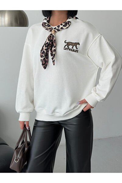 alenmoda Oversized Sweatshirt with Scarf and Tiger Embroidery Detail Beige