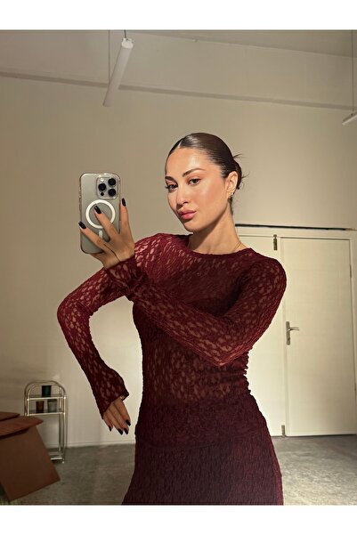 Gallogi Dantelli Transparan Uzun Kol Esnek Bluz