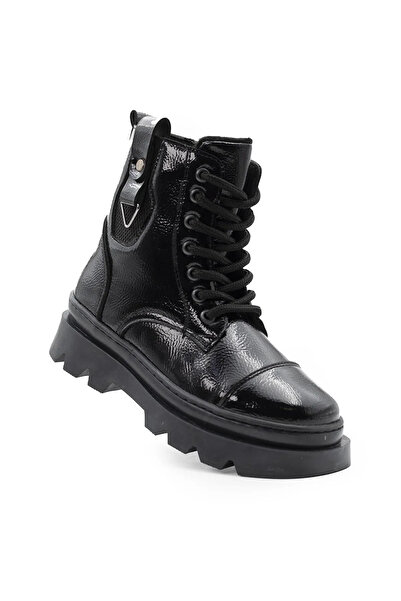 nuvora حذاء بناتي أسود مبطن بالريش – بسحاب ورباط، حذاء شتوي بنعل سميك