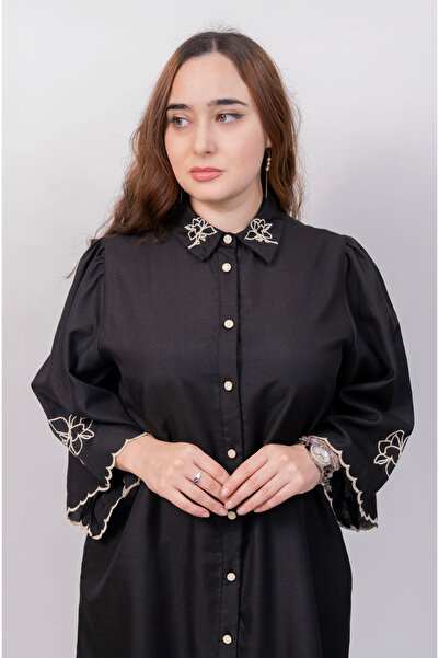LINELLE Ladies Co-Ord Set – Soft Crepe Black Shirt with Floral Embroidery on Collar and Sleeves, Solid Pant