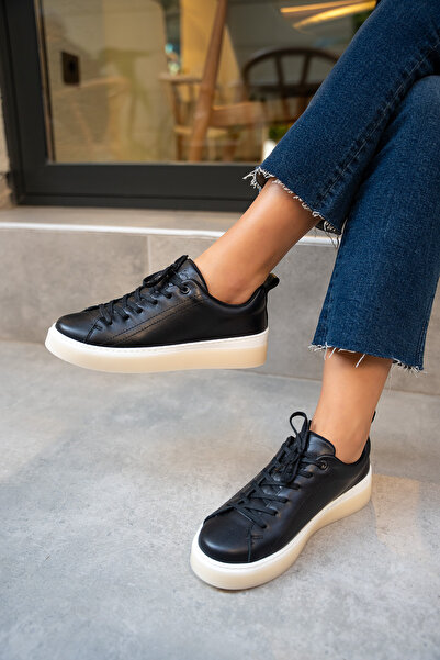 LAMİNTA Skye Black Genuine Leather Flat Sneakers