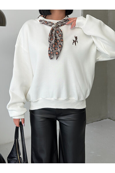 alenmoda Oversized Sweatshirt with Scarf and Deer Embroidery Detail Beige