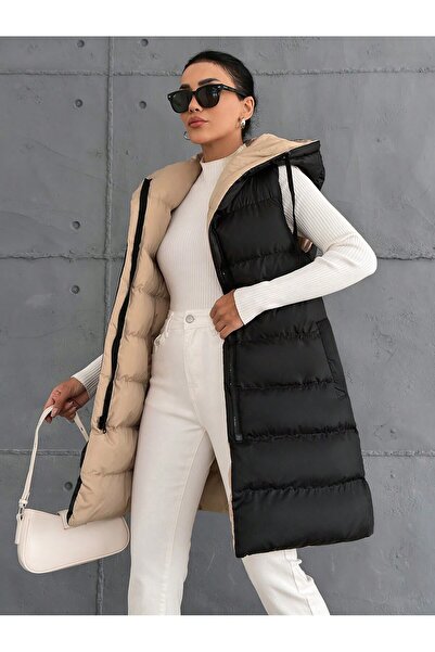 last summer Women's Double Sided Long Hooded Sleeveless Puffer Vest 10601023