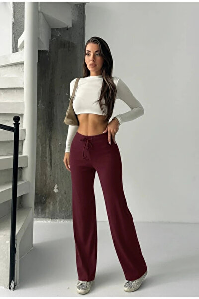 zarifkadın Fit comfort beige loose trousers burgundy a6011