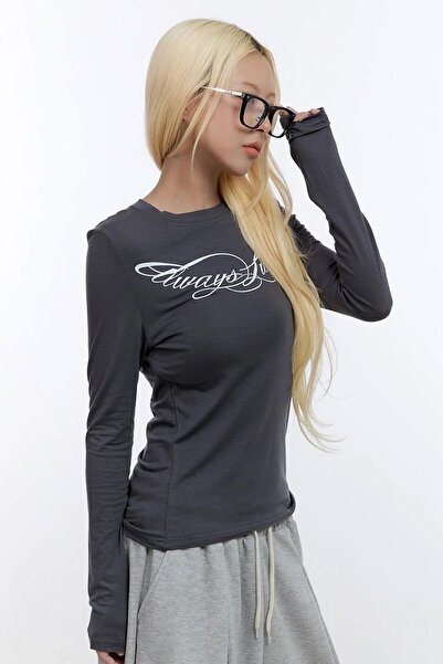 Karakedi Yazı Printed Aways Lucky Y2K Long Sleeve Crop Body