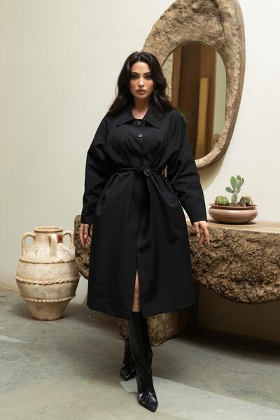 Serica Moda Trench negru cu curea și nasturi în partea de sus
