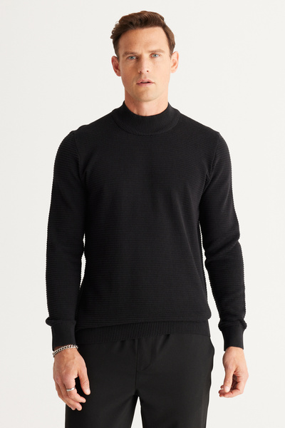 AC&Co / Altınyıldız Classics Black Standard Fit Half Turtleneck Cotton Patterned Knitwear Sweater
