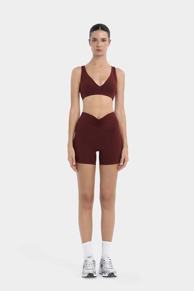 Louren Ruched Detail High Waist Sports Shorts - Burgundy