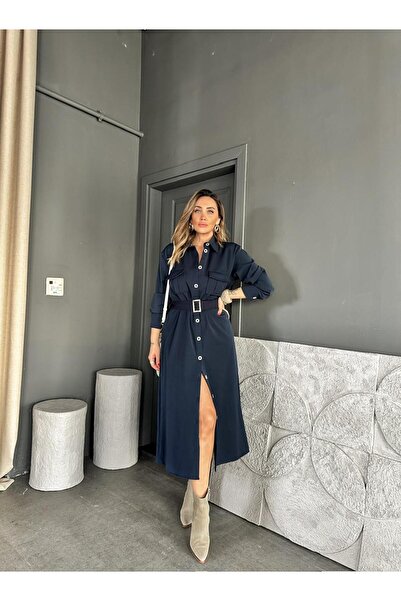 Zerrincan Giyim Lacivert Kemerli Düğmeli Orijinal Elbise